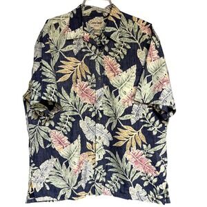 Cooke Street Honolulu‎ Mens XL Tropical Leaf Print Cotton Aloha Shirt Navy Blue